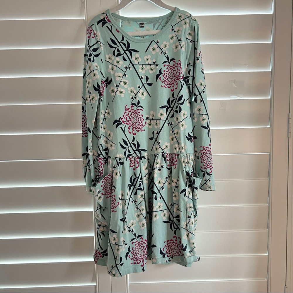 Tea Collection Floral Print Twirly Ballet Dress Long Sleeved Green White